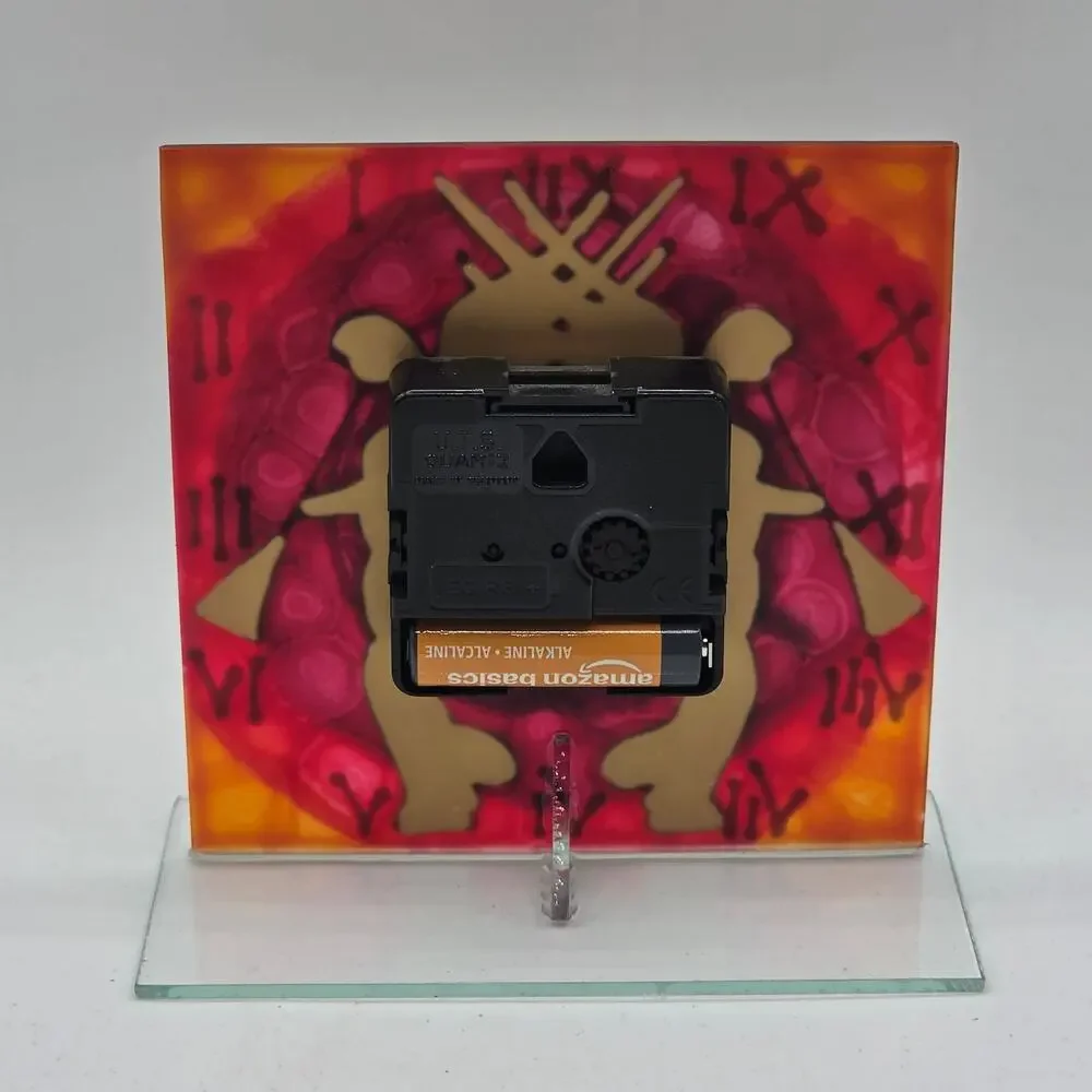Hand Painted Glass Desk Clock Golden Trumpeting Angels Colorful Red Square Art